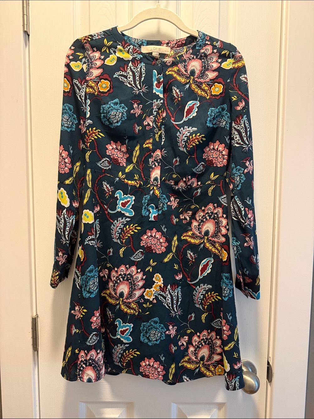 LOFT Teal Floral Long-Sleeve Mini Dress